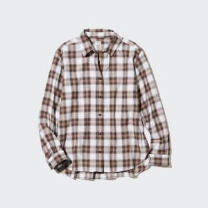 Camisas Uniqlo Soft Brushed Checked Long Sleeved Mujer Marrones | 94205-HNKQ