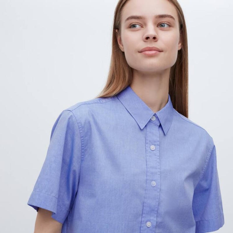 Camisas Uniqlo Algodon Corta Sleeved Mujer Azules | 45096-GXAY